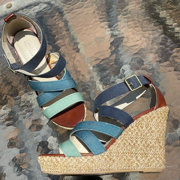 LC Lauren Conrad Shoes - Lauren Conrad Stella multi blue with woven sole platform sandals size 7M 4” heel